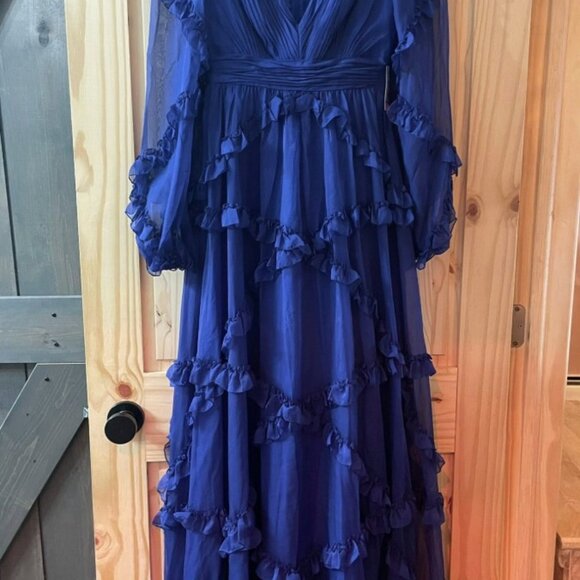 Mac Duggal Sapphire Blue Cascade Ruffle Puff Sleeve A Line Gown Size 2 / 4 - Picture 3 of 7
